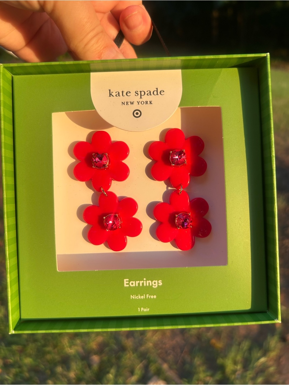 Kate Spade x Target Red Floral Linear Drop Earrings Pink Crystal Limited Edition